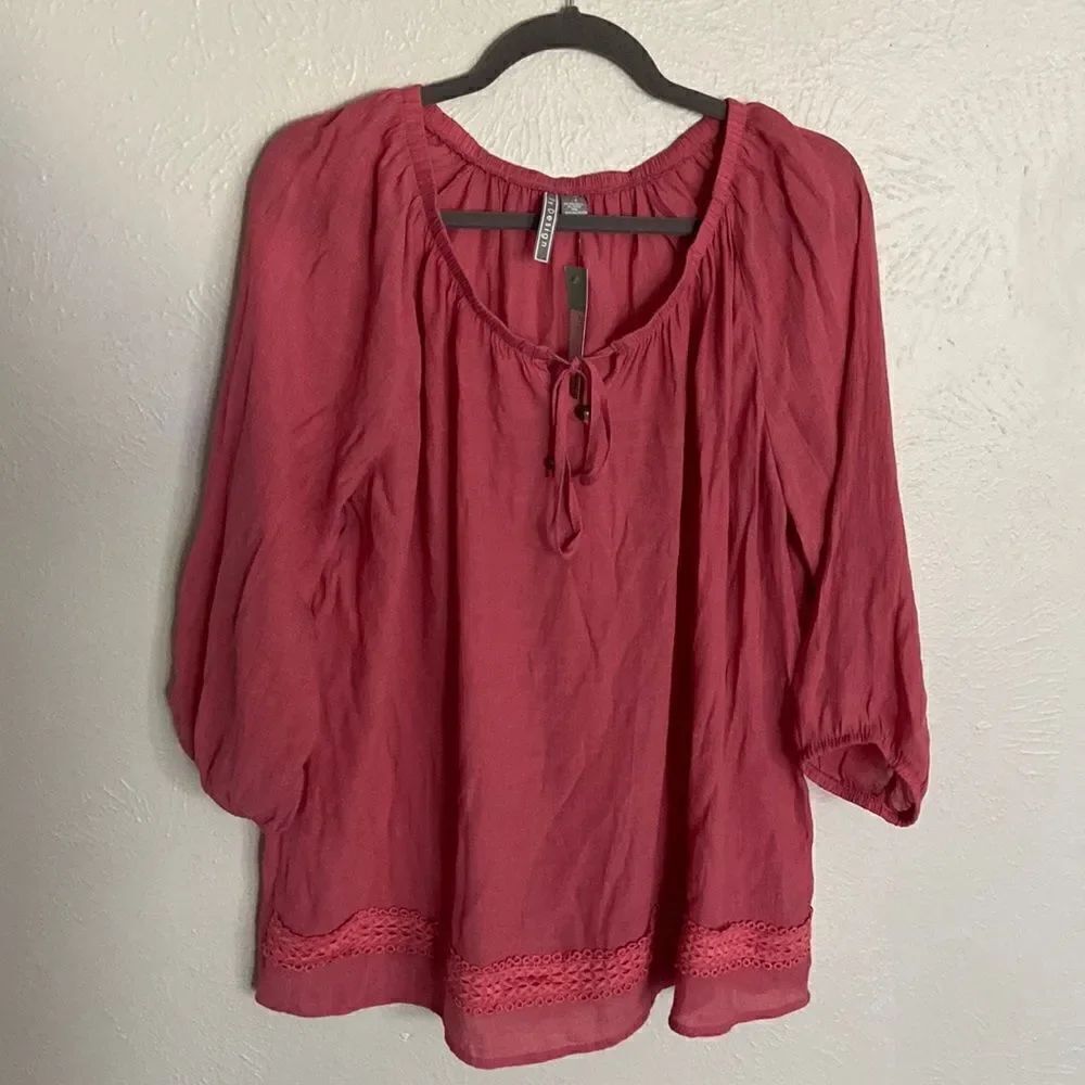 By Design Lace Tie Front Top Stitch fix Sz 1Xl Dark pink NWT